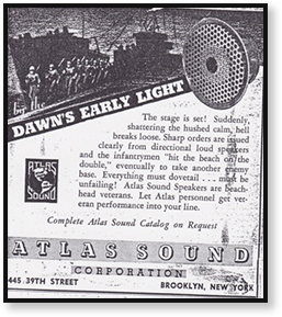 Newspaper advertisement from the 1940s with Atlas Sound in the heading