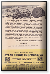 Newspaper advertisement from the 1940s with Atlas Sound in the heading