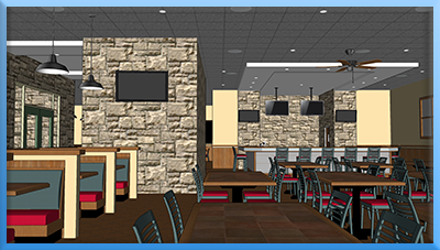 Restaurant dining room with booths and tables 