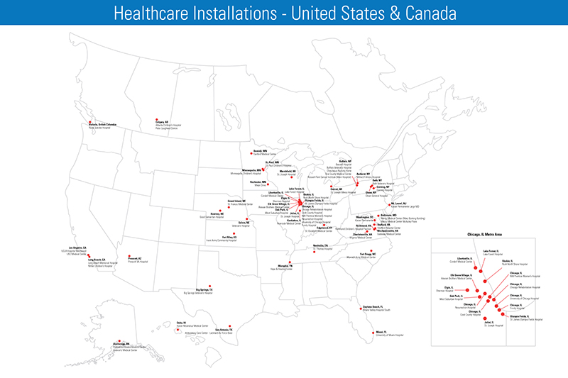 Map of United States showing where AtlasIED has installed healthcare systems