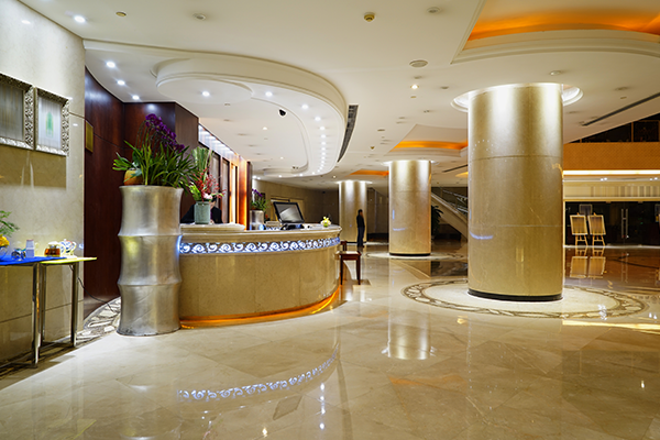 Modern hotel lobby with reception desk